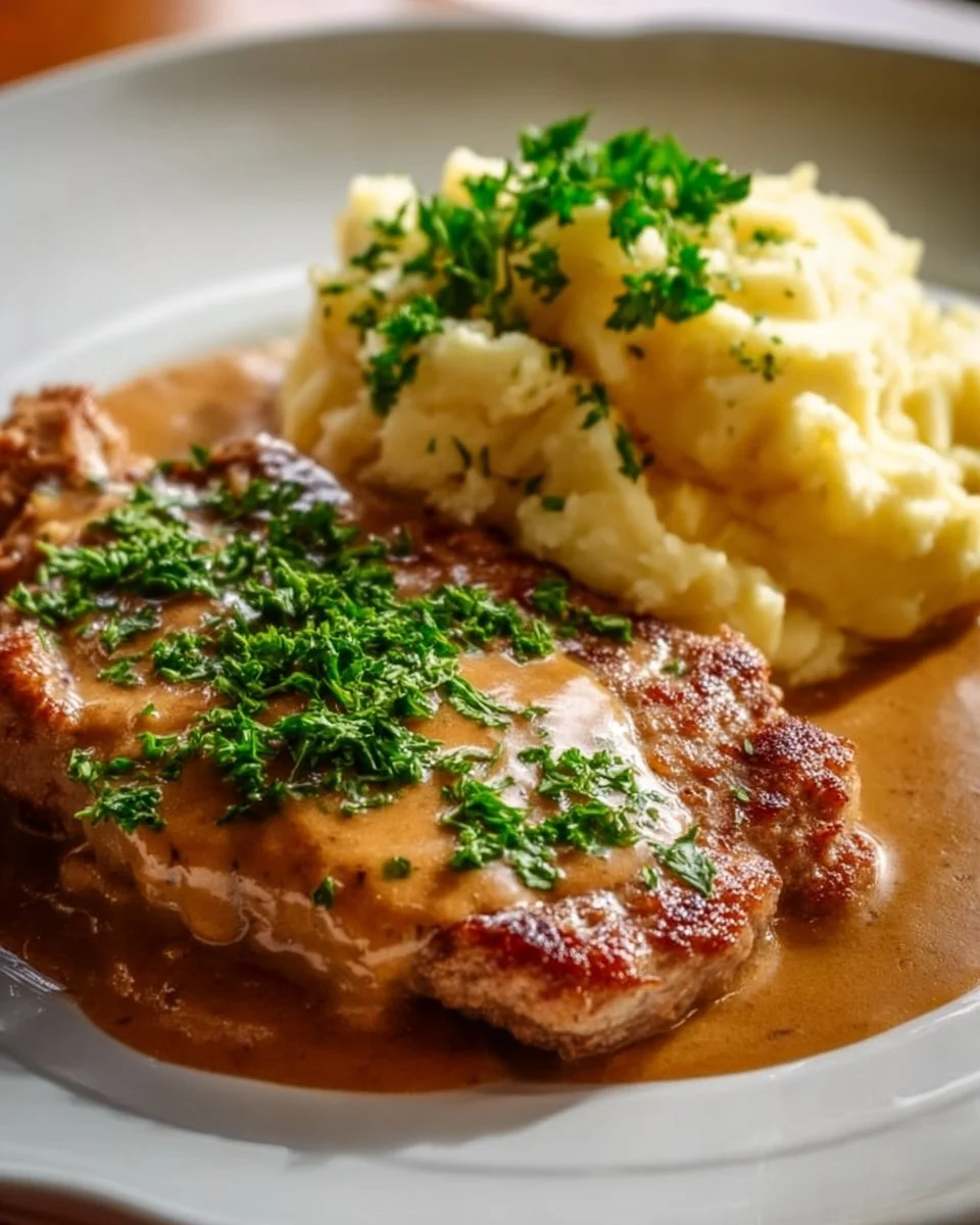 Zartes Rahmschnitzel auf einem Teller mit Beilagen