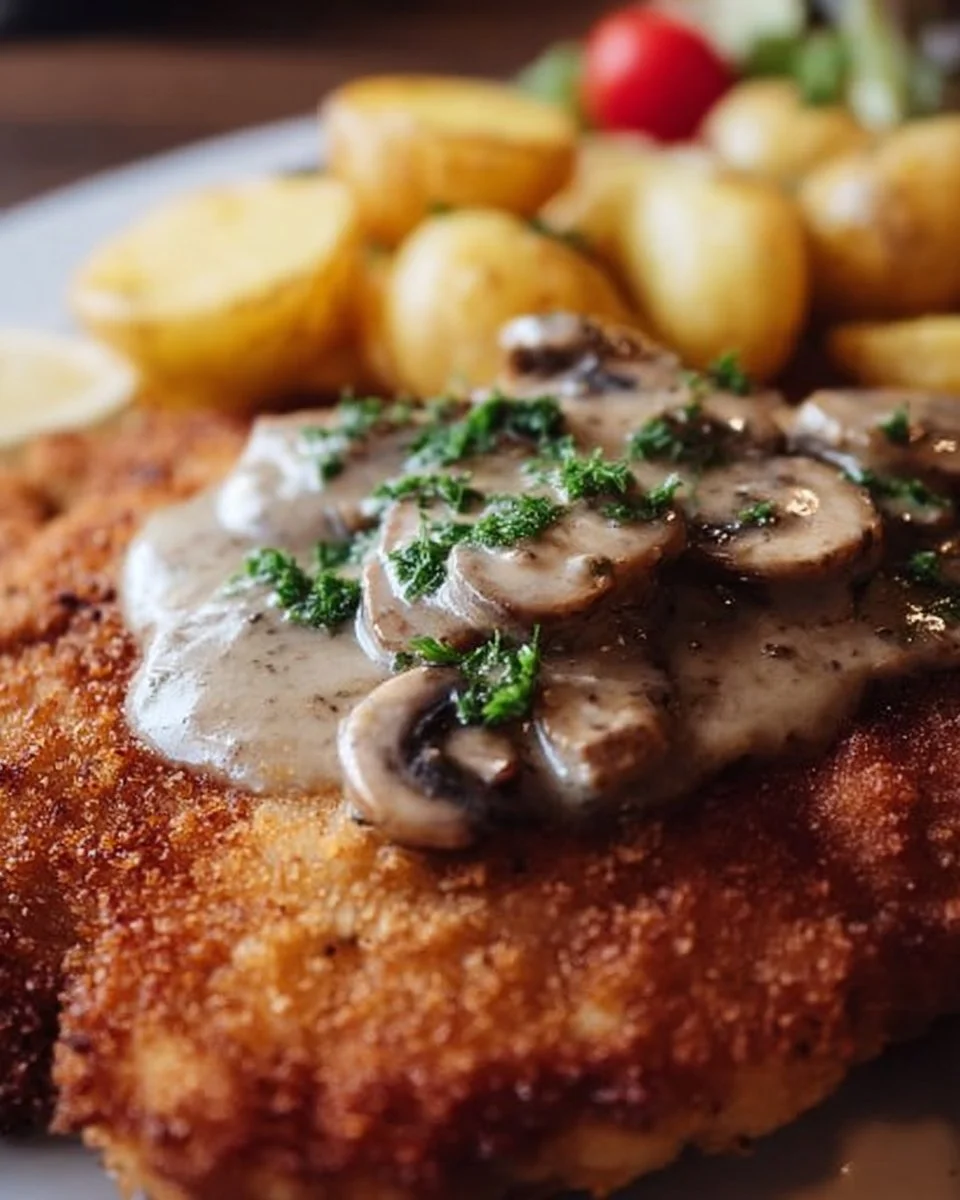 Leckeres Rahmschnitzel auf einem Teller, serviert mit Beilagen