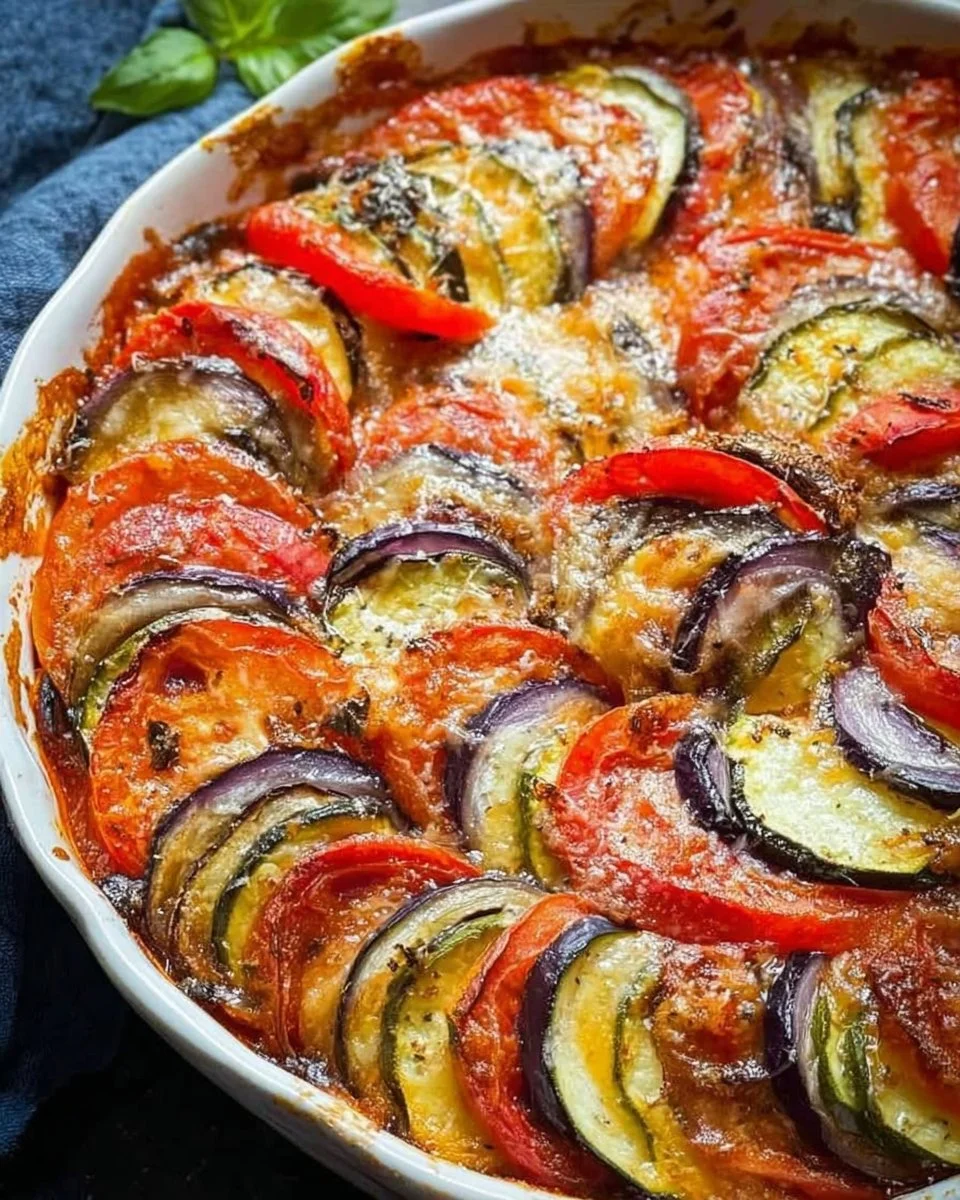 Ratatouille aus dem Ofen, buntes Gemüse, gesundes Rezept.
