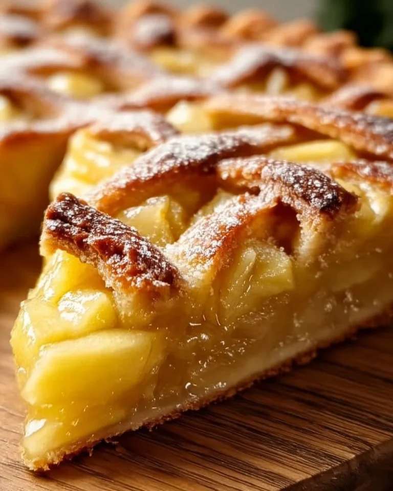 Rheinischer Apfelkuchen mit frischen Äpfeln und Zimt auf einem Holzbrett