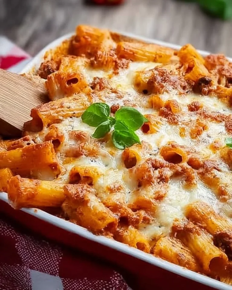 Leckeres Rigatoni aus dem Ofen, garniert mit Käse und frischen Kräutern