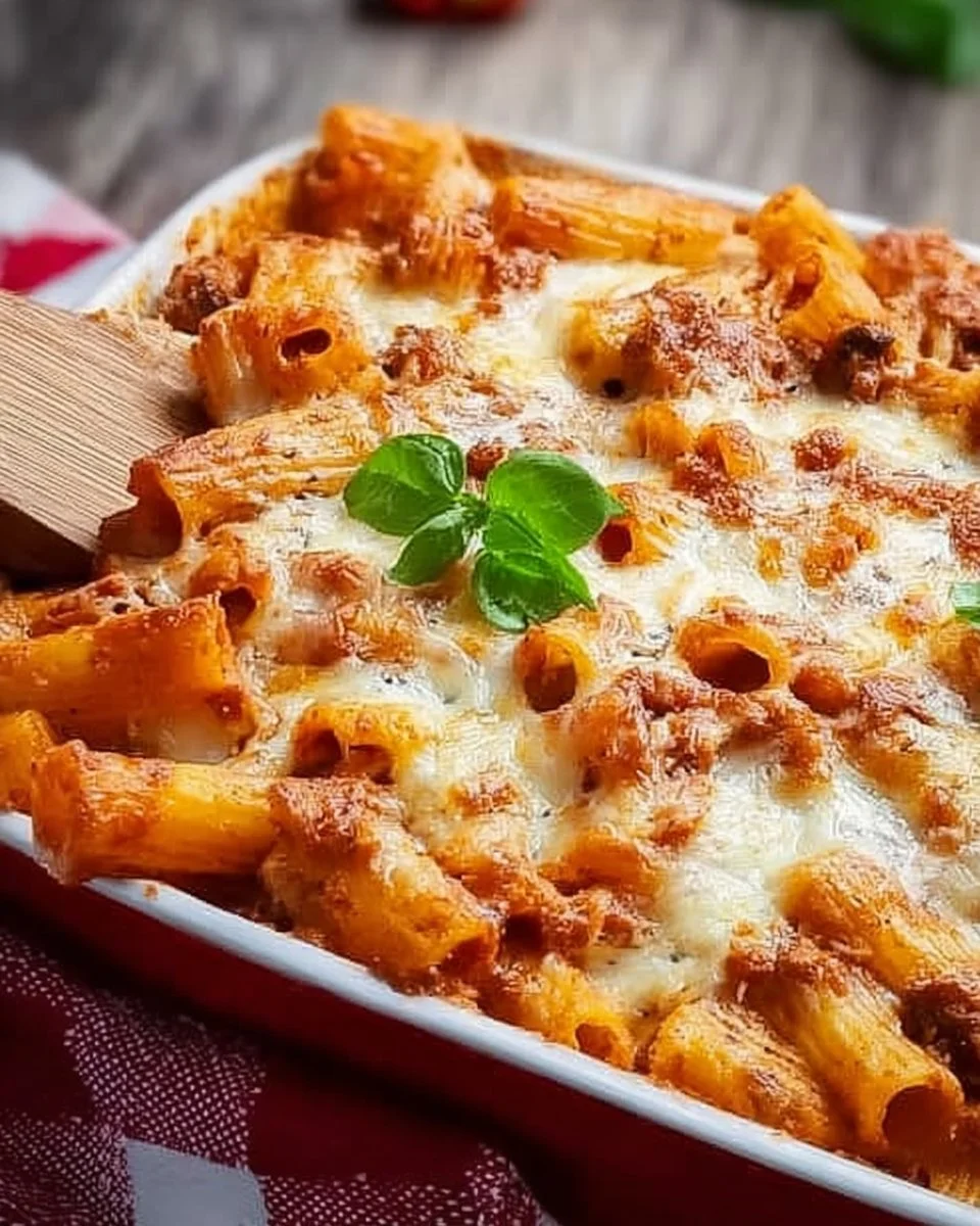 Leckeres Rigatoni aus dem Ofen, garniert mit Käse und frischen Kräutern