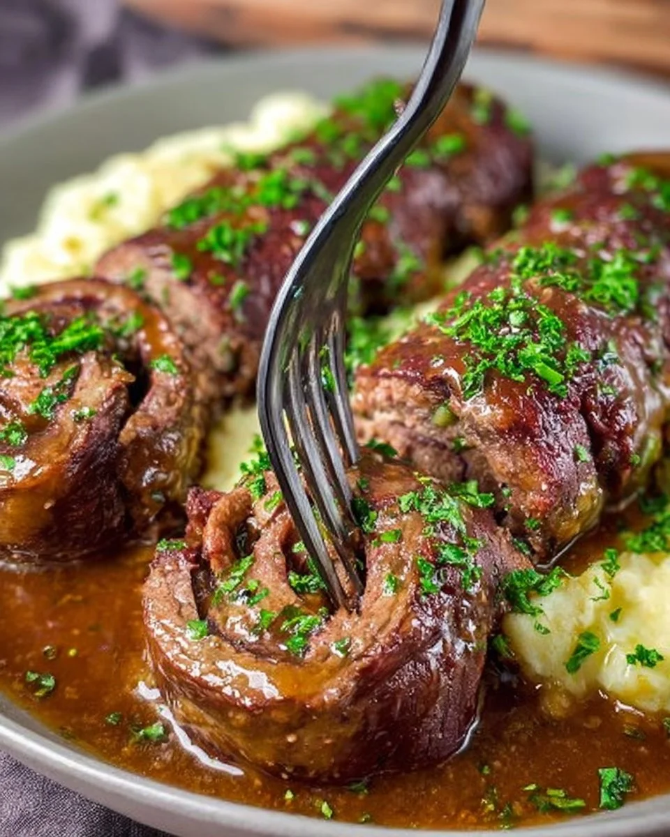 Saftige Rinderrouladen mit köstlicher Füllung auf einem Teller serviert.