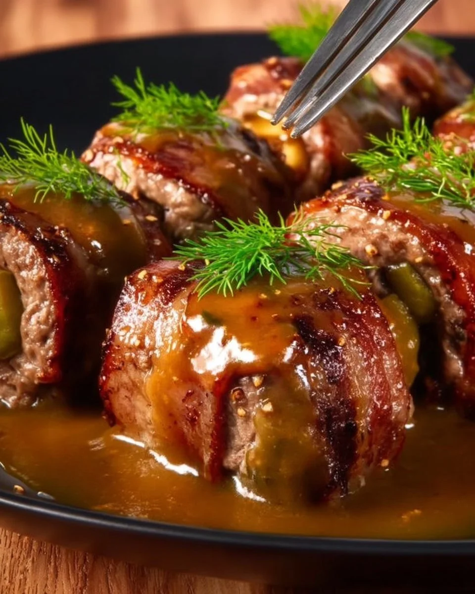 Saftige Rinderrouladen mit Füllung aus Speck und Zwiebeln, angerichtet auf einem Teller