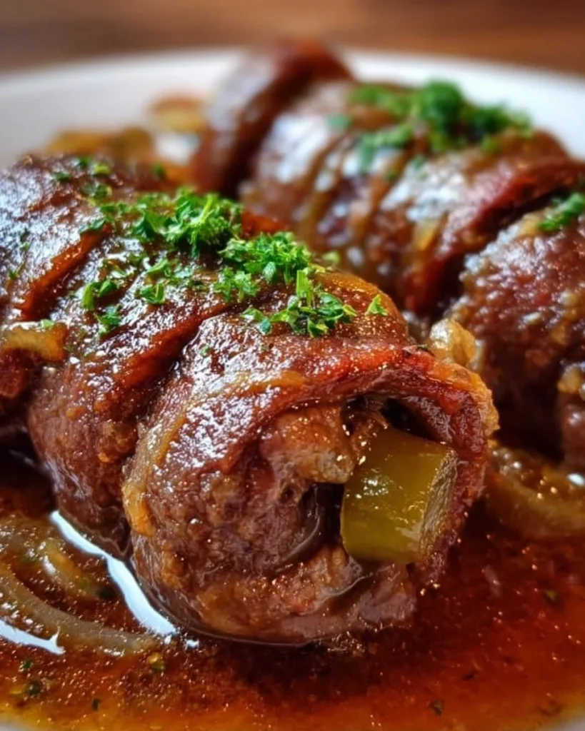 Zarte Rinderrouladen auf einem Teller, serviert mit Beilagen.