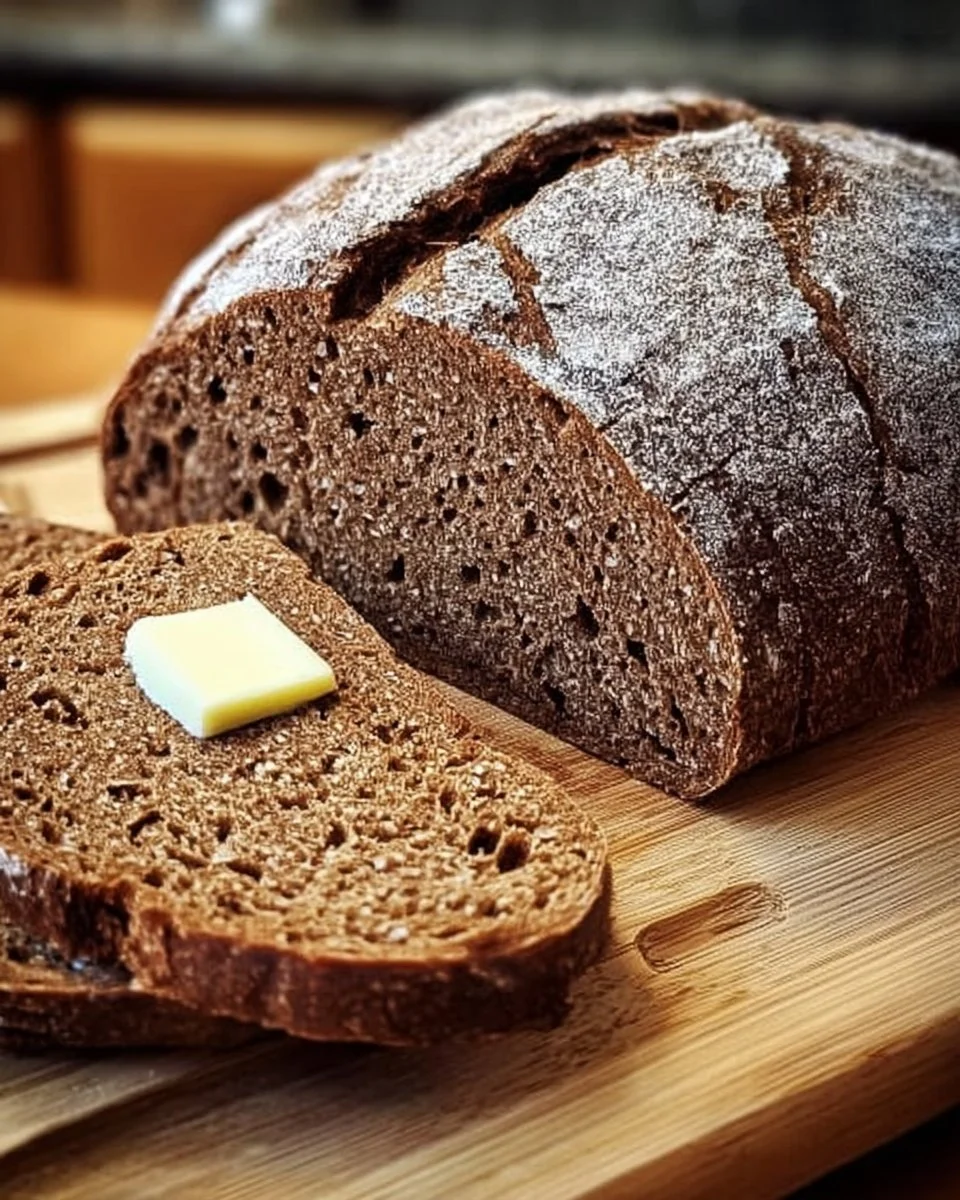 Frisches Roggenbrot auf einem Holzbrett mit Körnern