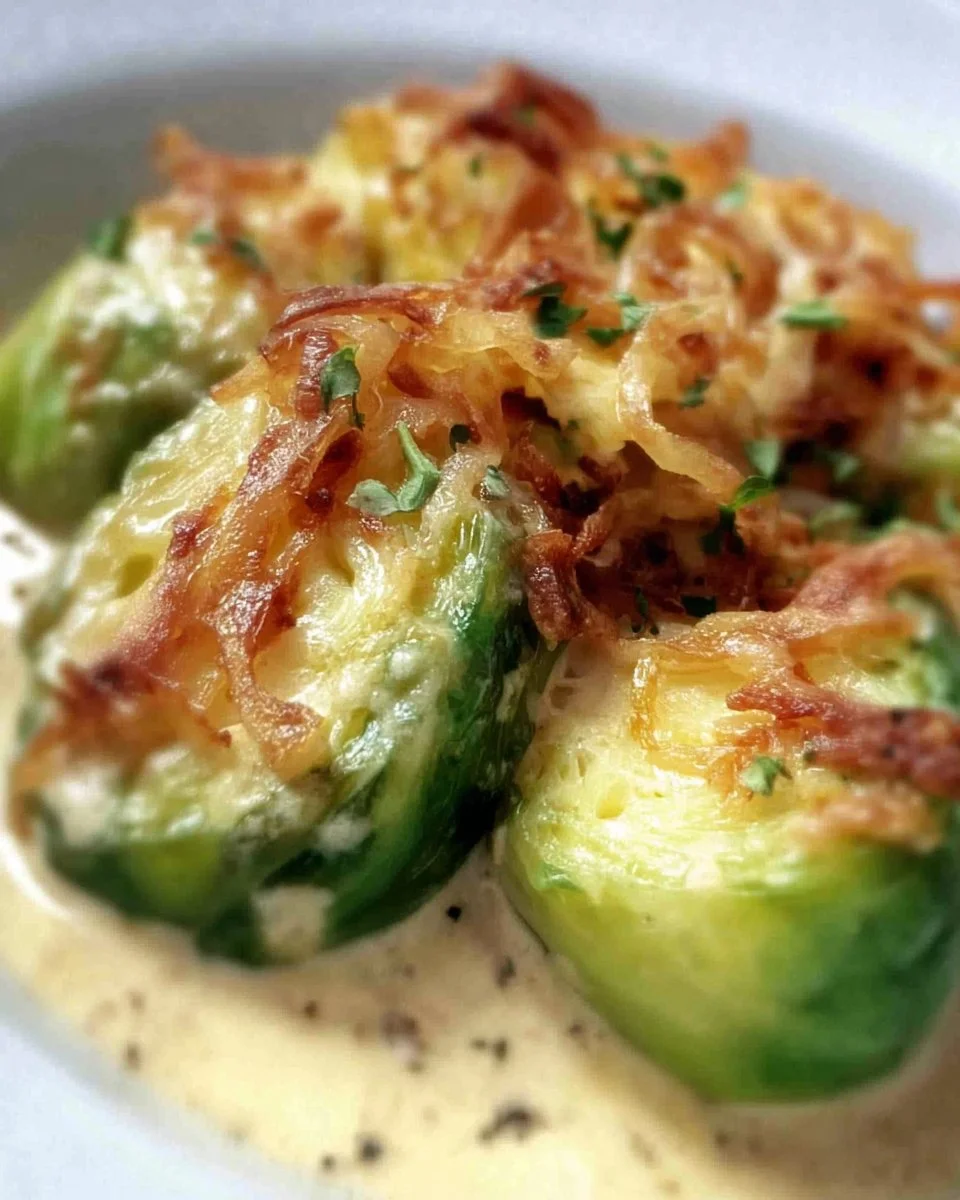 Rosenkohl in cremiger Frischkäse-Senfsauce serviert auf einem Teller.