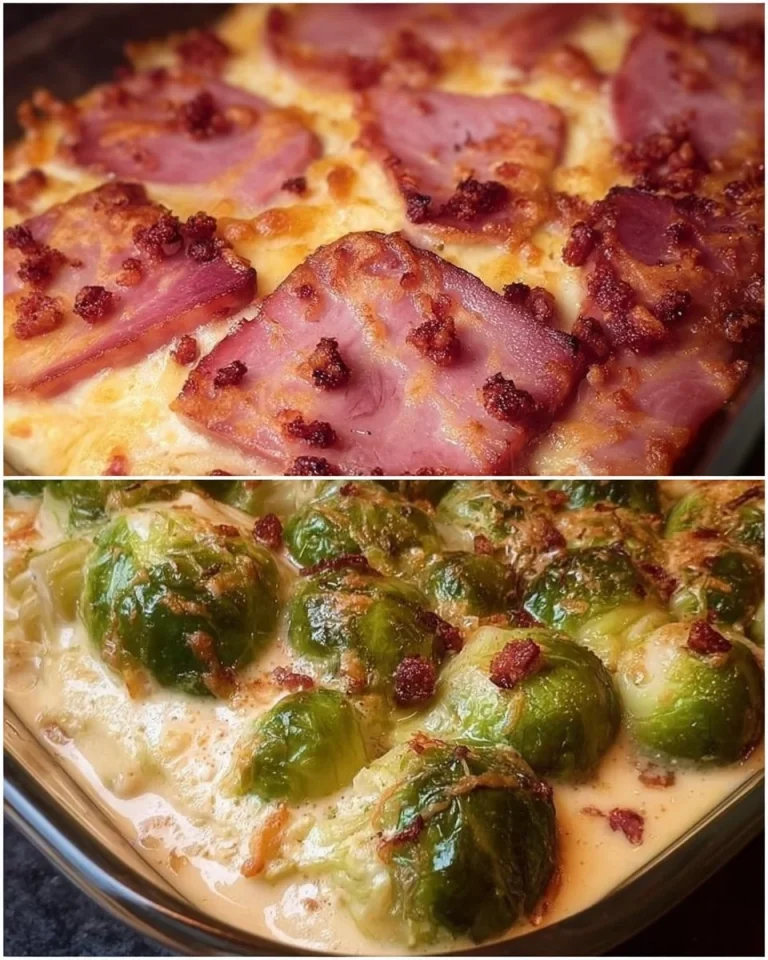 Rosenkohl Auflauf mit Kasseler auf einem Teller serviert