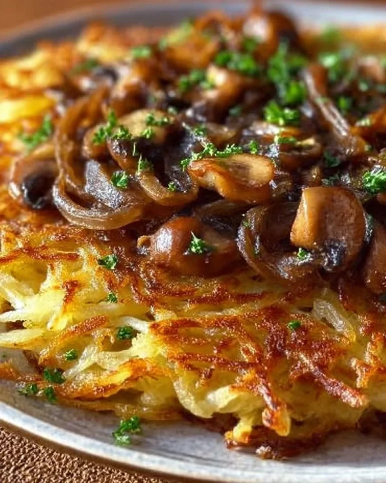Rösti mit karamellisierten Zwiebeln und sautierten Champignons auf einem Teller