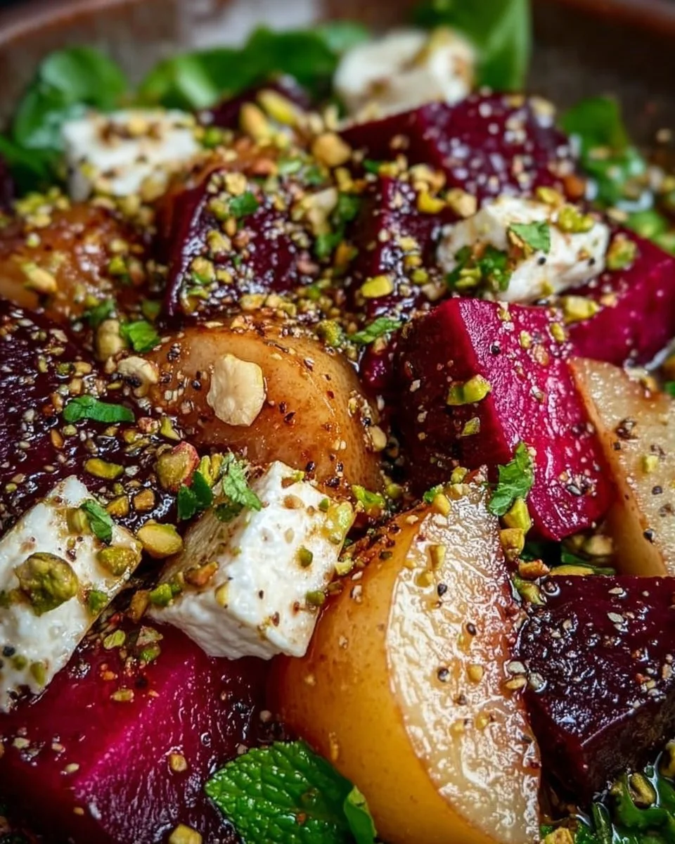 Rote-Bete-Salat mit karamellisierter Birne, Feta und Pistazien-Crunch in einer Schüssel