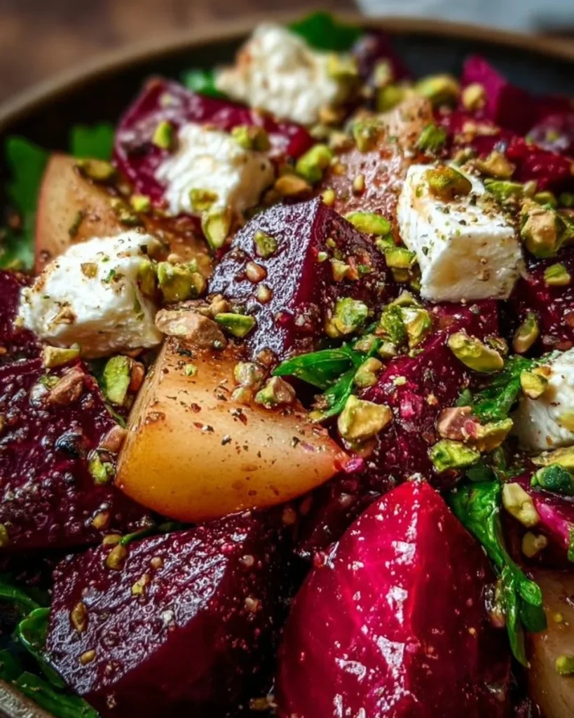 Rote-Bete-Salat mit karamellisierter Birne, Feta und Pistazien-Crunch auf einem Teller.