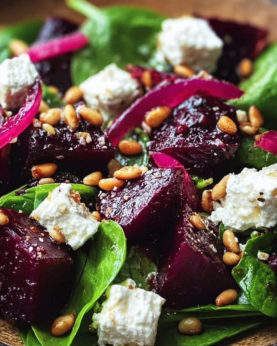 Rote-Bete-Salat mit Ziegenkäse, Spinat und gerösteten Pinienkernen