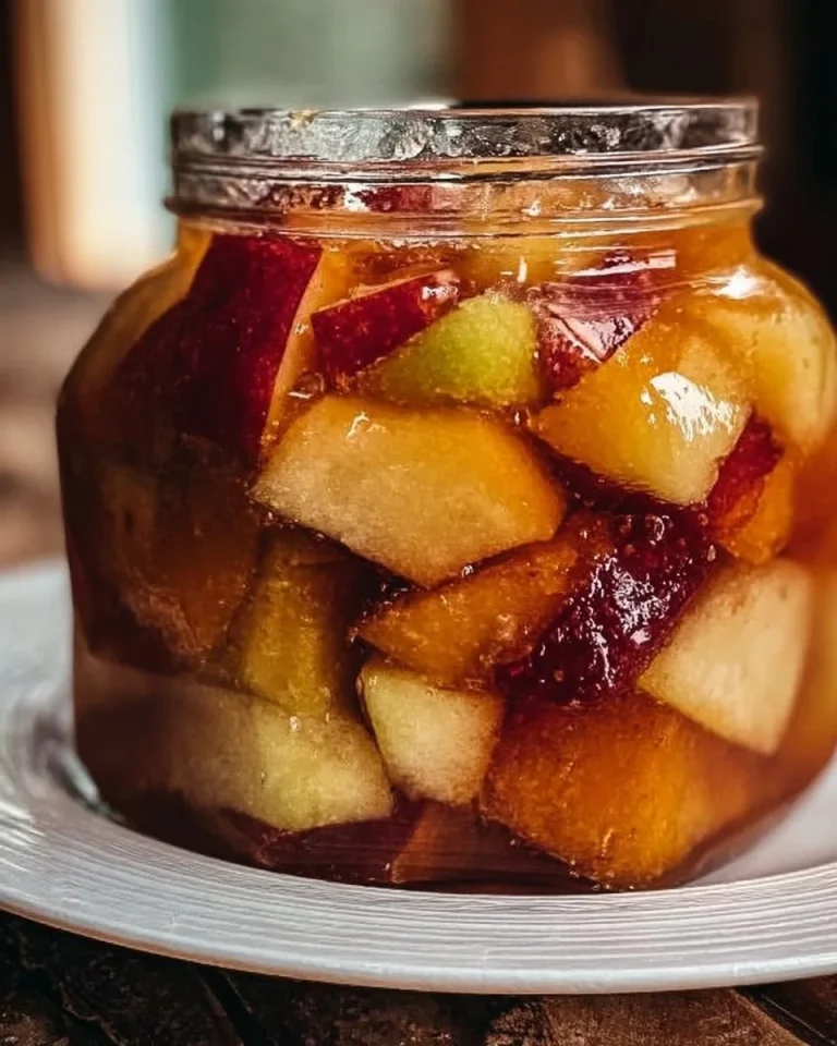 Rumtopf mit frischen Früchten in einem traditionellen Einmachglas