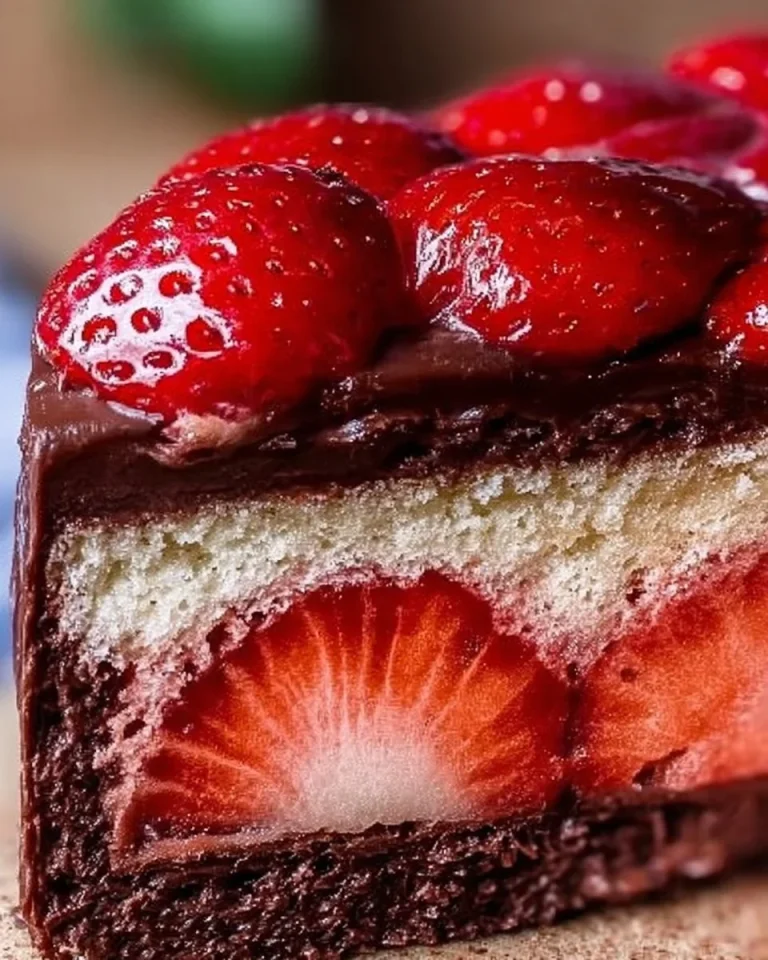 Saftige Erdbeer-Donauwelle auf einem Teller, dekoriert mit frischen Erdbeeren