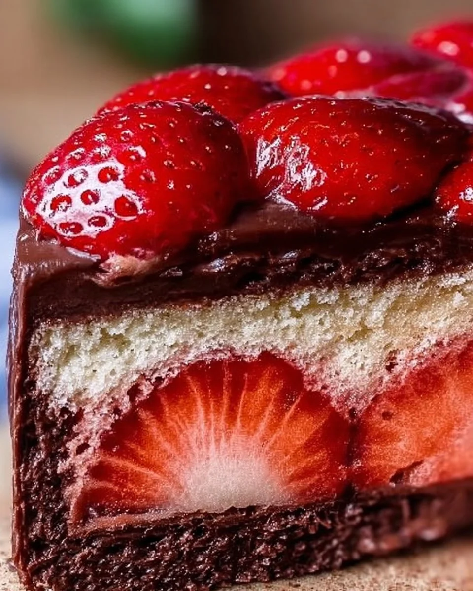 Saftige Erdbeer-Donauwelle auf einem Teller, dekoriert mit frischen Erdbeeren