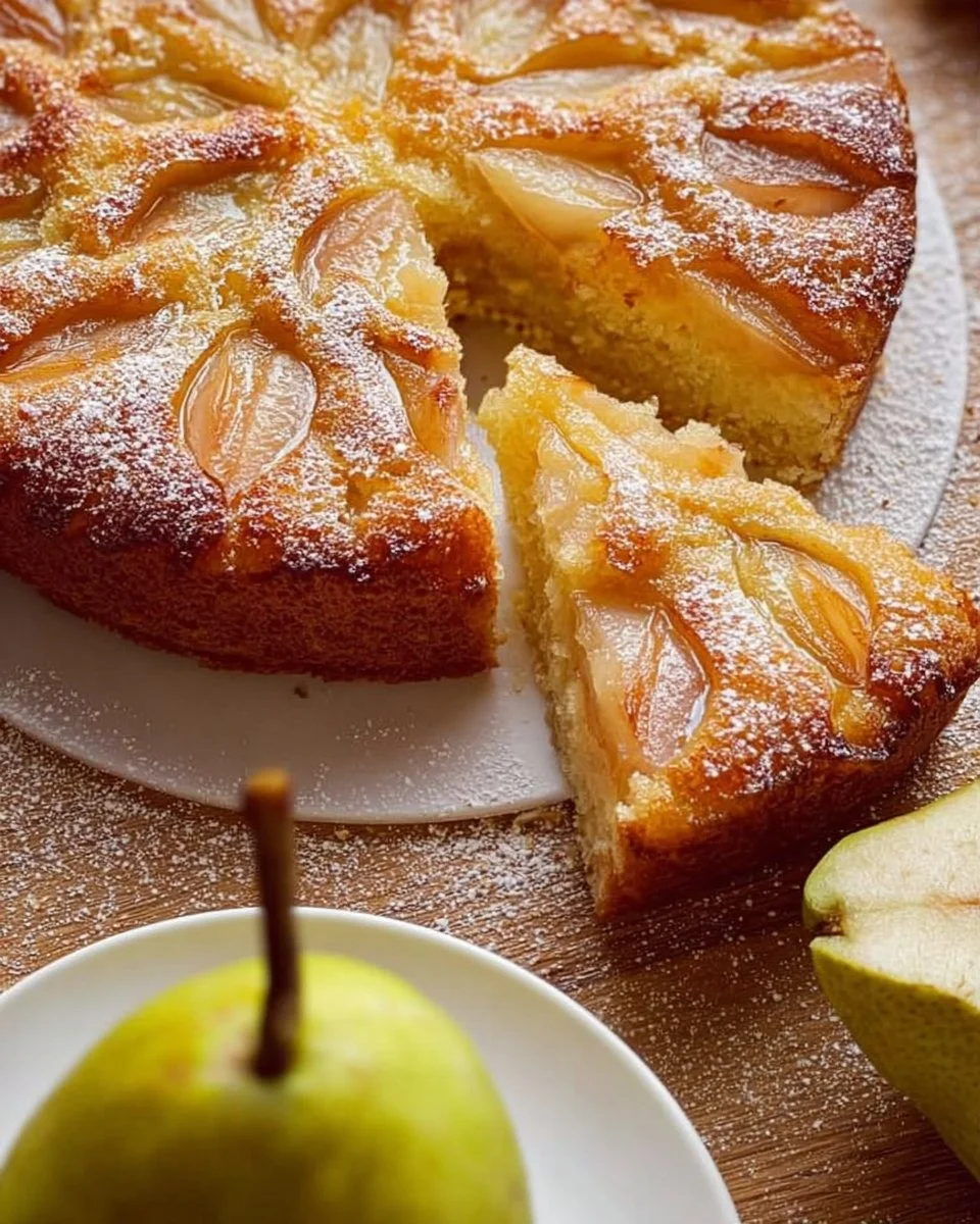 Saftiger Birnenkuchen frisch aus dem Ofen, perfekt für jeden Anlass.