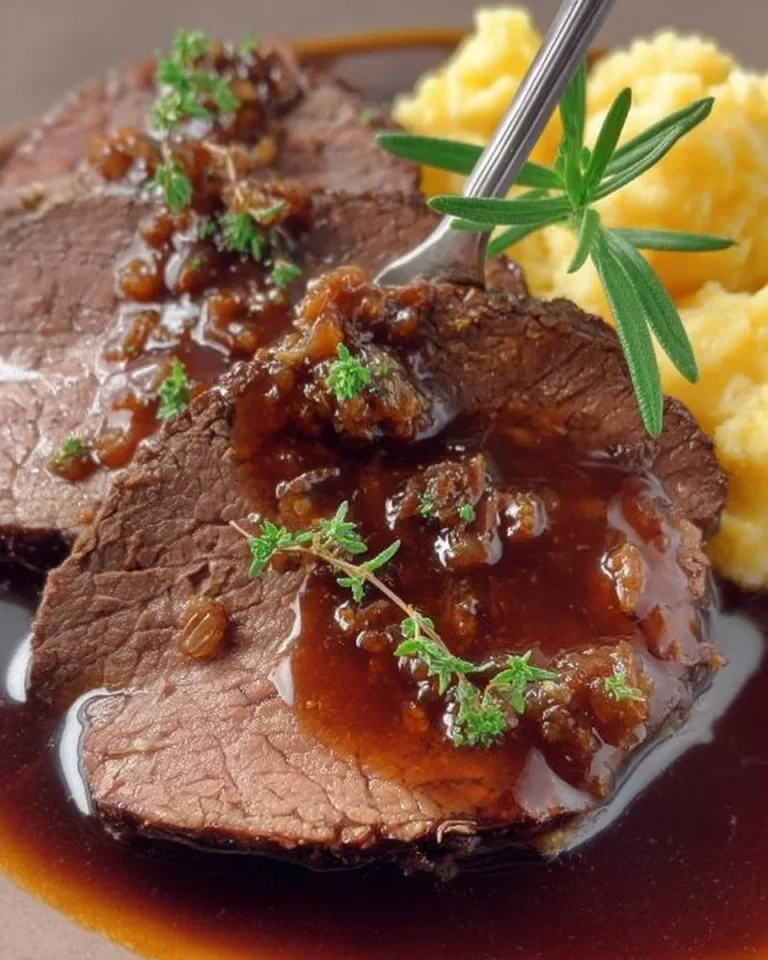 Sauerbraten - traditionelles deutsches Rindfleischgericht, langsam gegart mit Gewürzen.