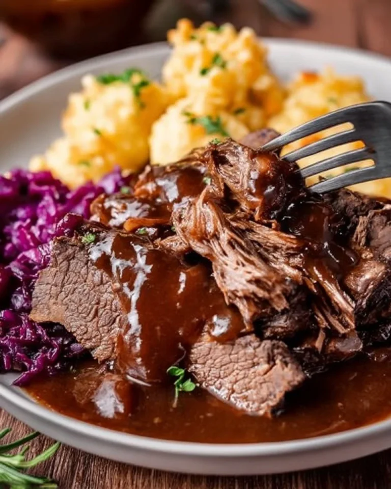 Sauerbraten mit Rotweinsauce auf einem Teller angerichtet