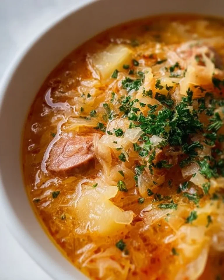 Eine dampfende Schüssel Sauerkrautsuppe mit frischen Zutaten.