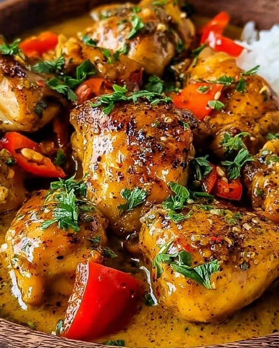 Scharfes brasilianisches Kokos-Hähnchen serviert mit frischem Gemüse