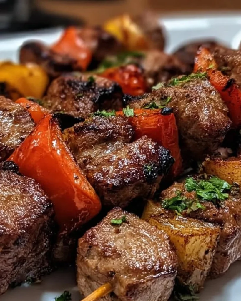 Schaschlik-Gericht mit mariniertem Fleisch auf einem Grillspieß.