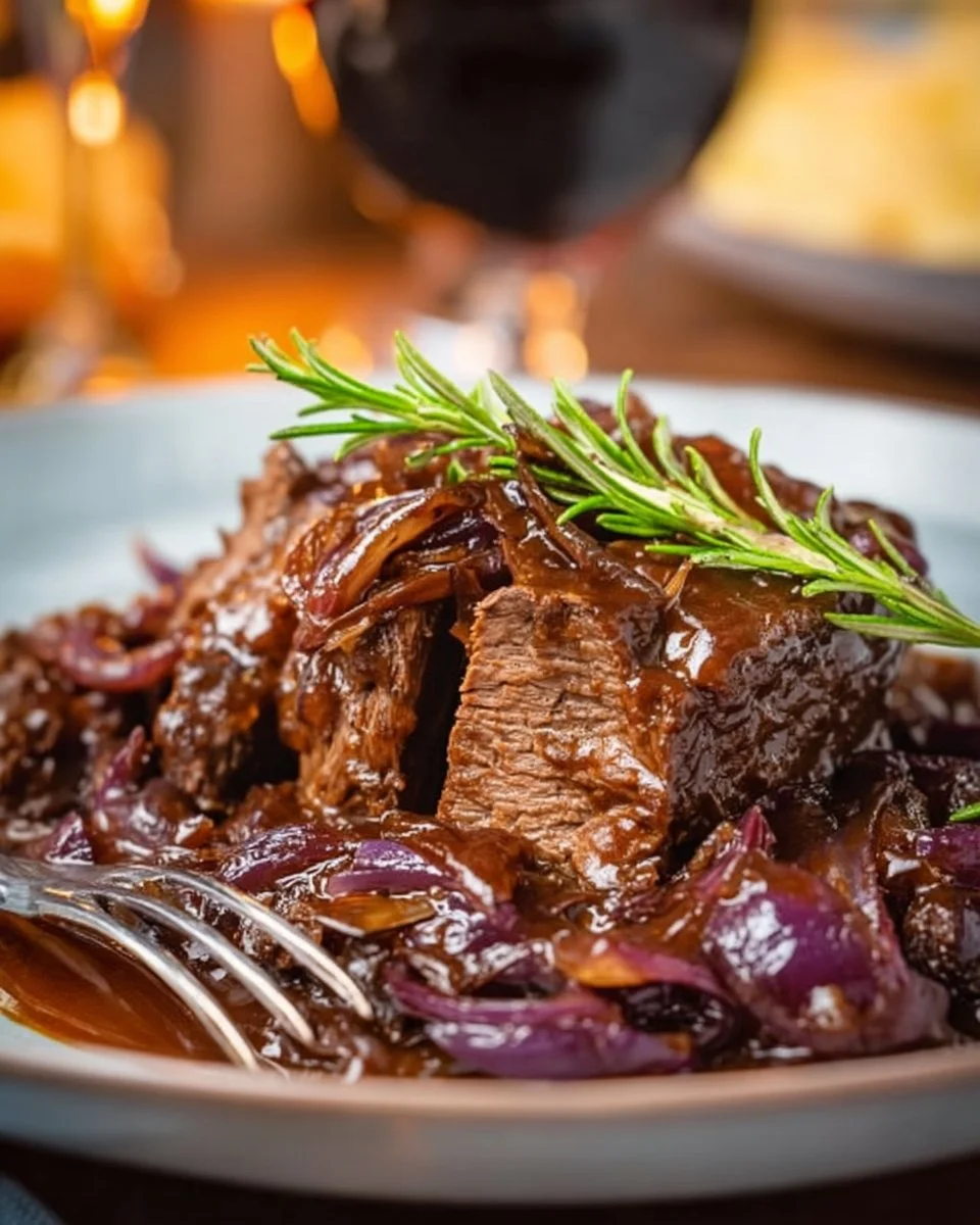 Schmortopf Sauerbraten mit Beilagen auf einem Teller serviert.