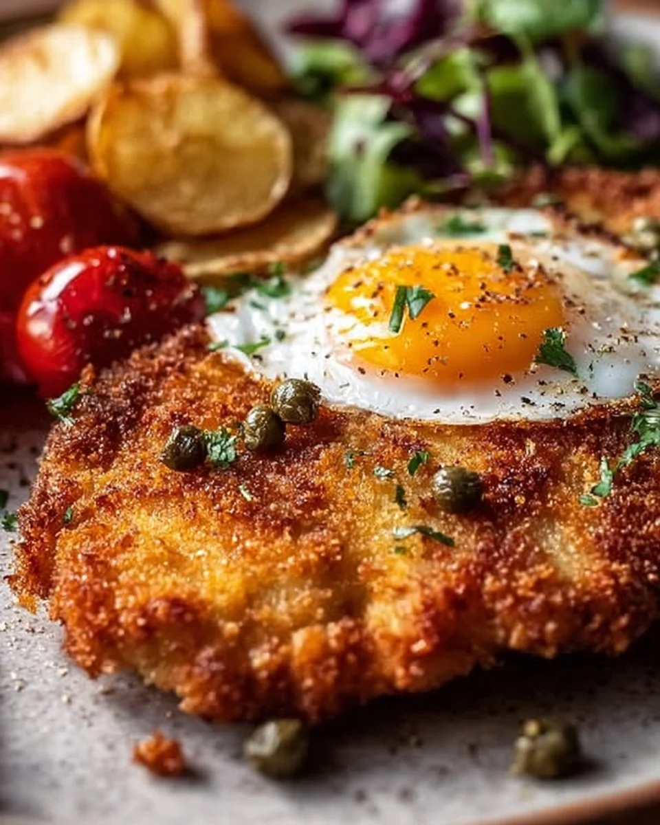 Schnitzel Holstein mit Spiegelei und Beilagen auf einem Teller serviert.