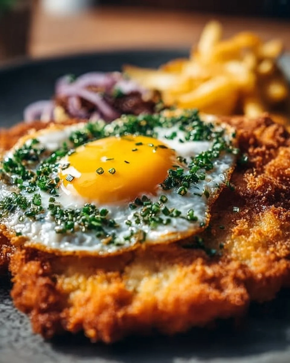 Schnitzel Holstein mit Spiegelei und Beilagen auf einem Teller
