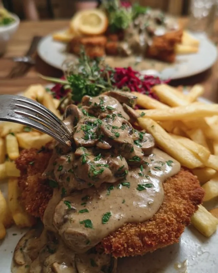 Schnitzel mit Pilzrahmsauce und Pommes auf einem Teller serviert