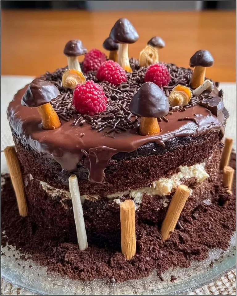 Schokoladiger Schoko-Waldkuchen auf einem Teller mit frischen Beeren.