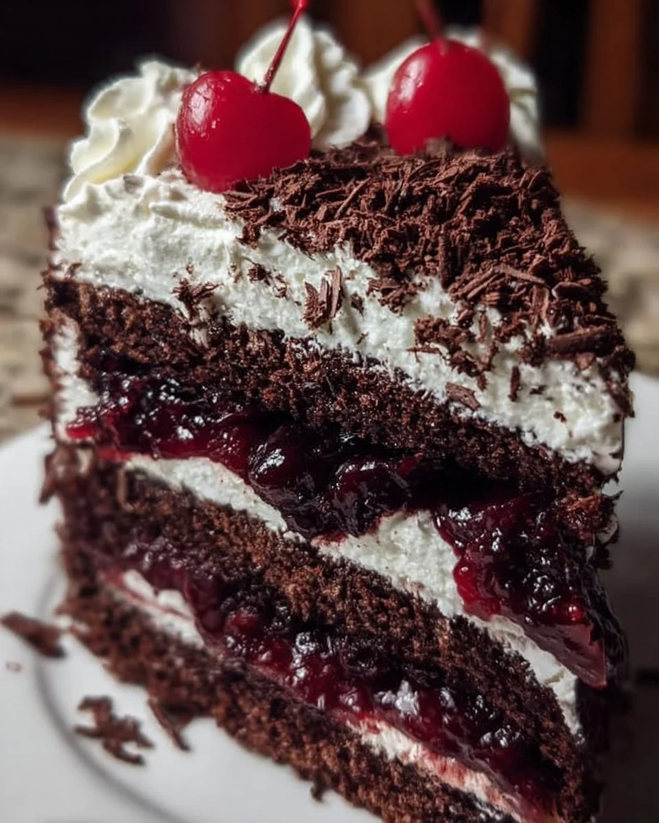 Leckere Schwarzwälder Kirschtorte mit Schokolade und Kirschen