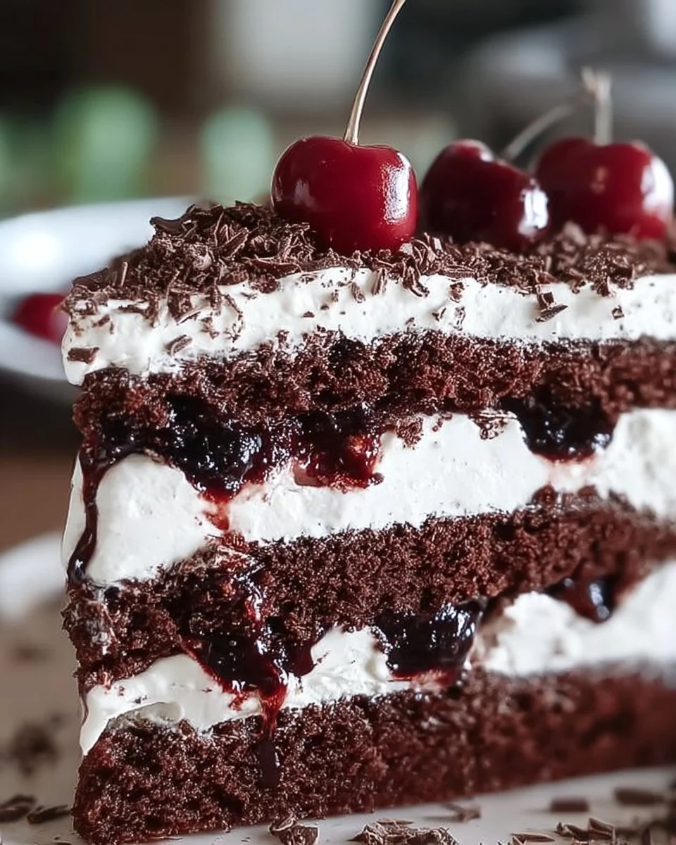 Schwarzwälder Kirschtorte mit Schokolade, Sahne und Kirschen