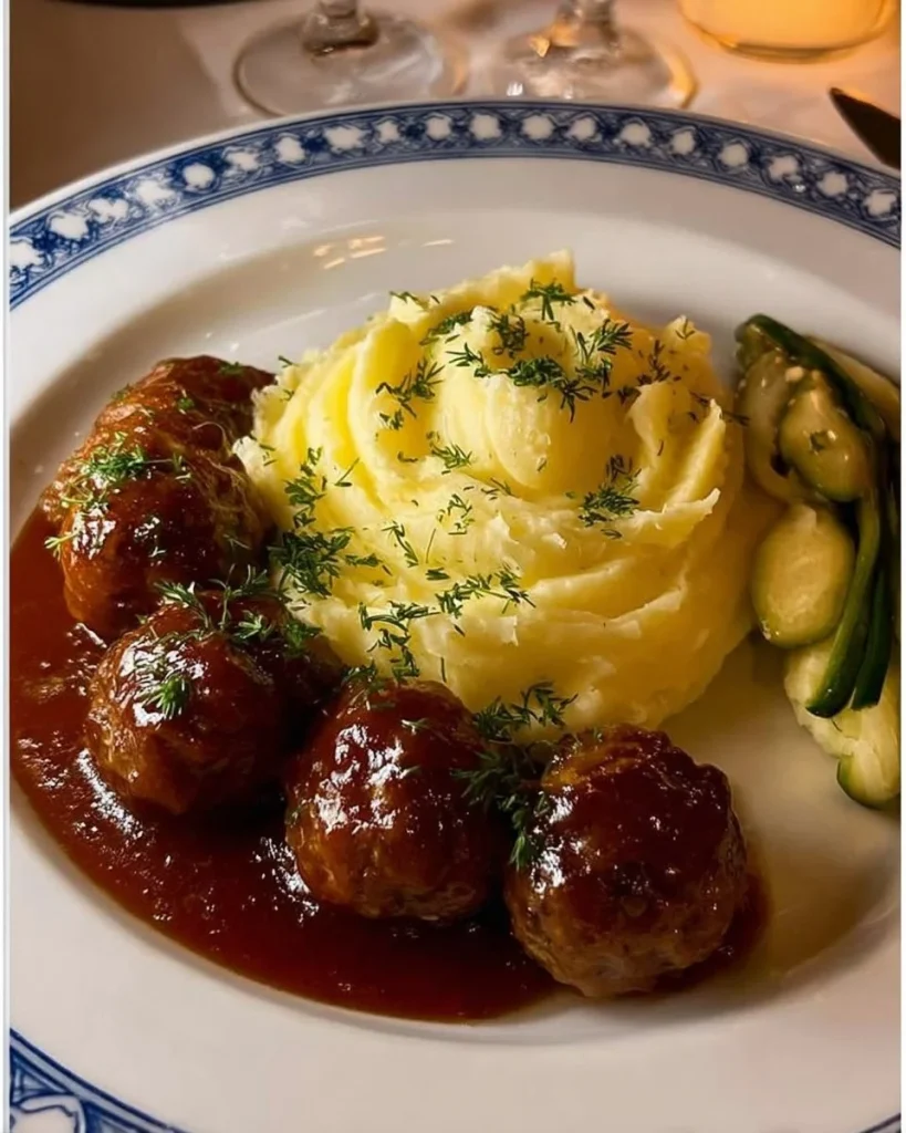Schwedische Köttbullar serviert mit Kartoffelpüree und Preiselbeeren.