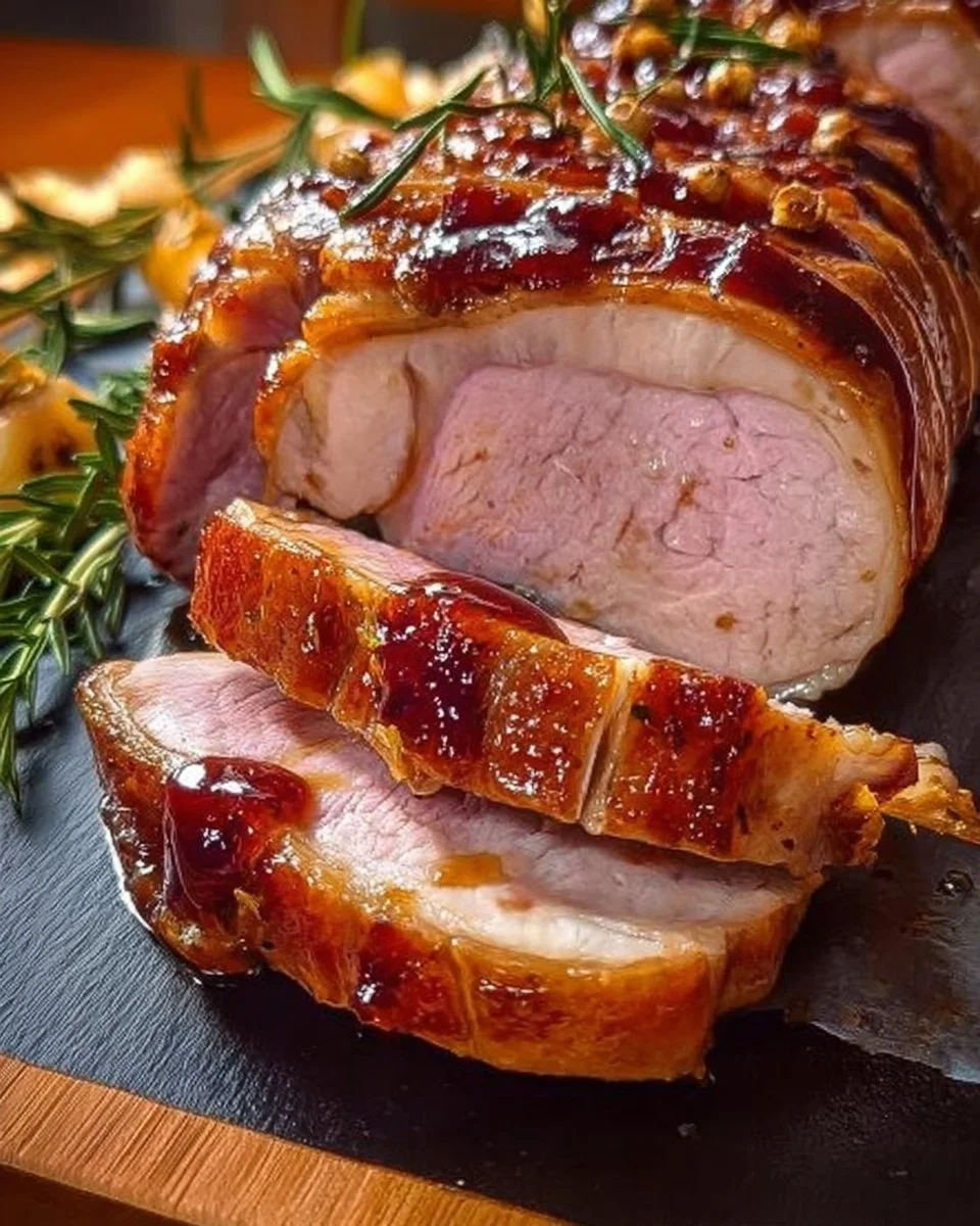 Schweinebraten mit Honigmarinade auf dem Teller angerichtet