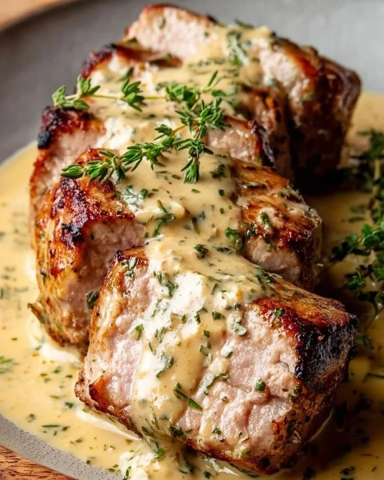 Schweinefilet in Dijon Creme Soße serviert auf einem Teller