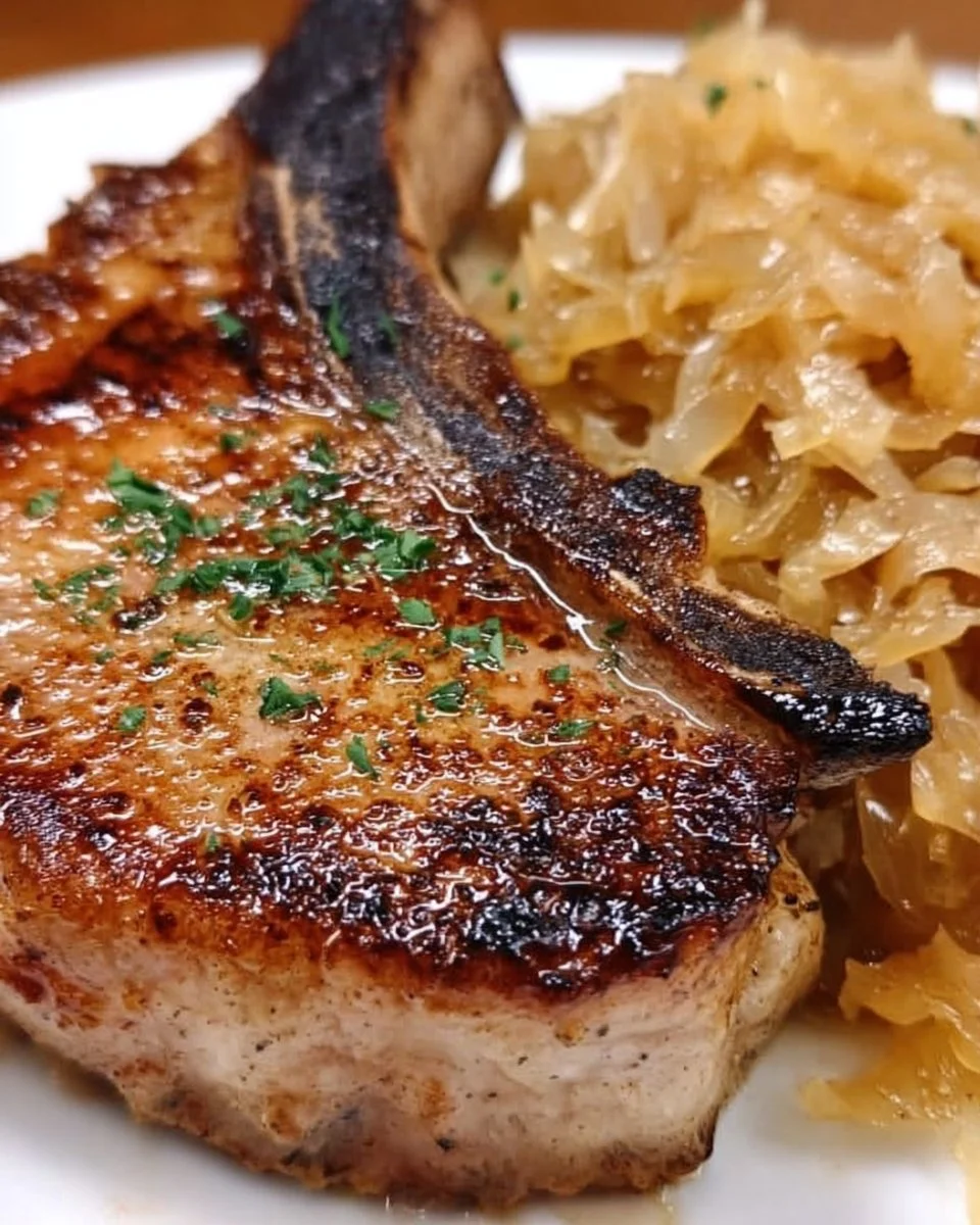 Schweinekoteletts mit Sauerkraut serviert auf einem Teller