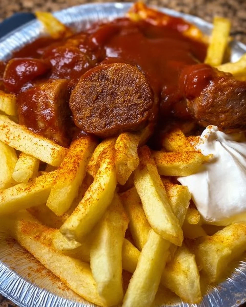 Selbstgemachte Currywurst mit Pommes auf einem Teller serviert.