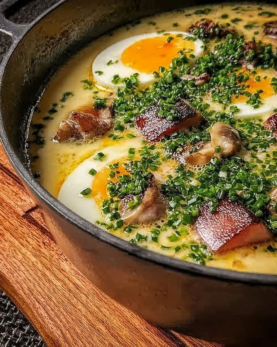 Ein Teller mit Senfeiern, serviert mit Kartoffeln und Gemüse.