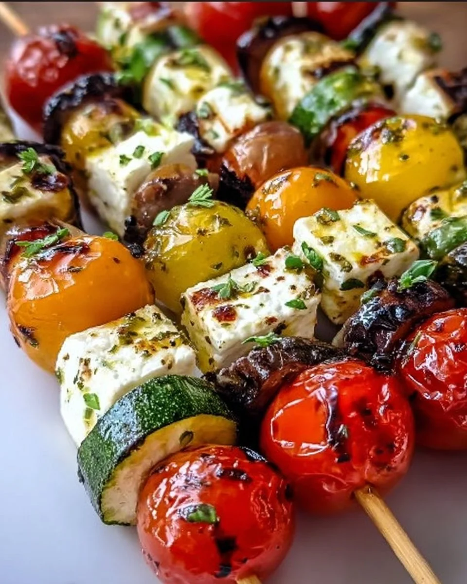 Sommerliche Antipasti-Spieße mit Feta, Tomaten und Oliven auf einem Holzspieß