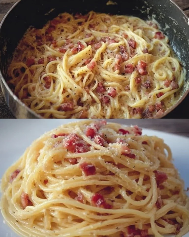 Eine köstliche Portion Spaghetti Carbonara mit viel Käse und Speck
