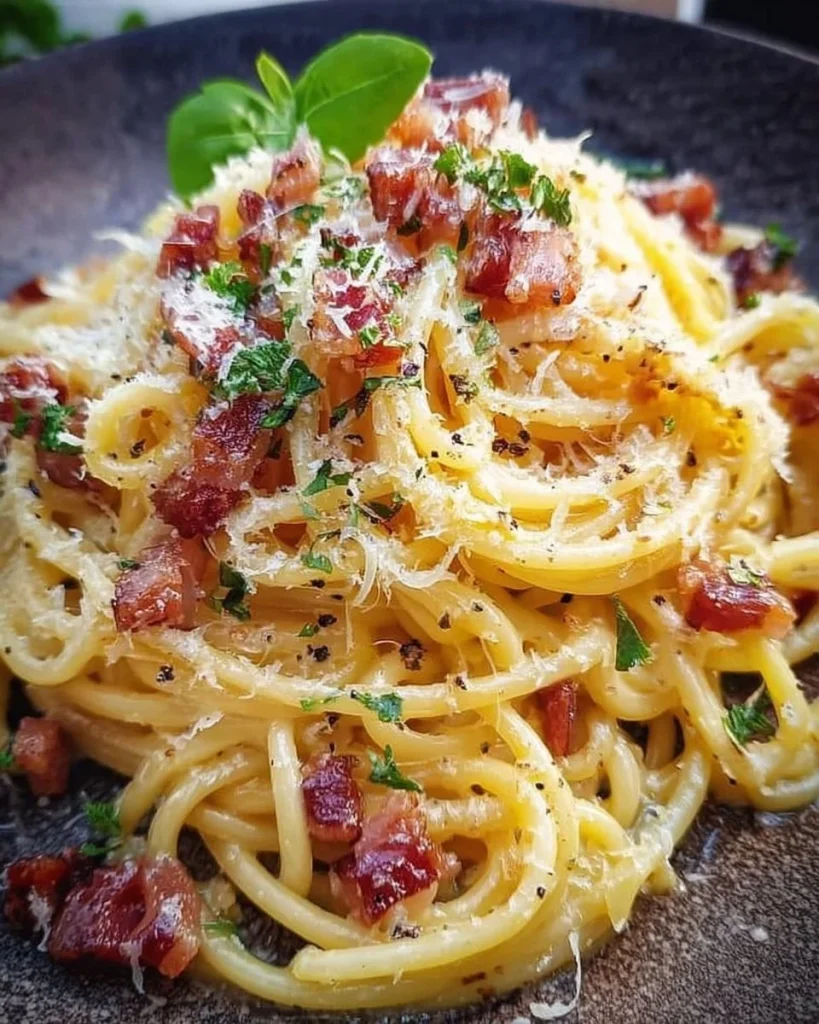 Eine Schale Spaghetti Carbonara mit Speck und Käse, lecker und cremig.