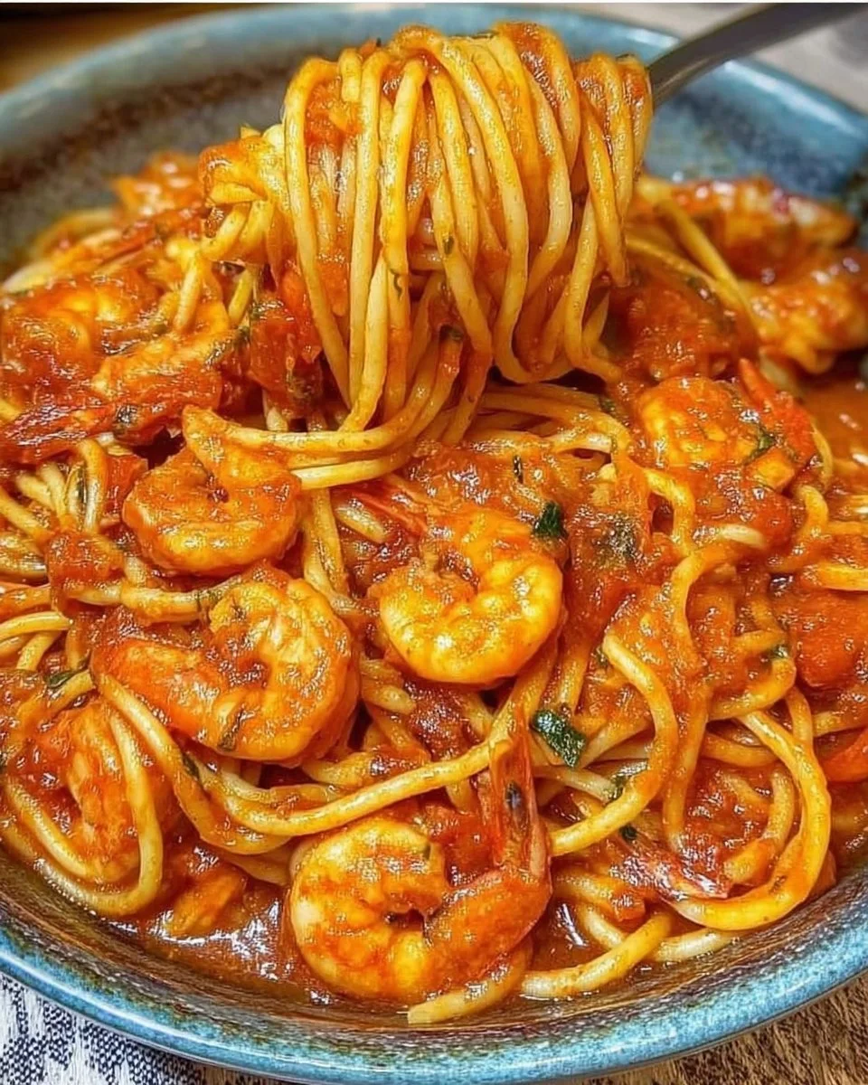 Spaghetti mit Garnelen in einer aromatischen Tomatensauce serviert.