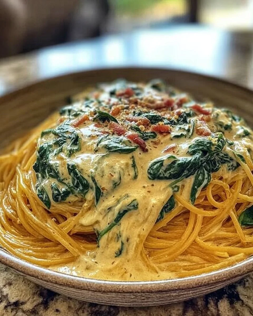 Spaghetti mit Spinatfrischkäsesauce auf einem Teller serviert