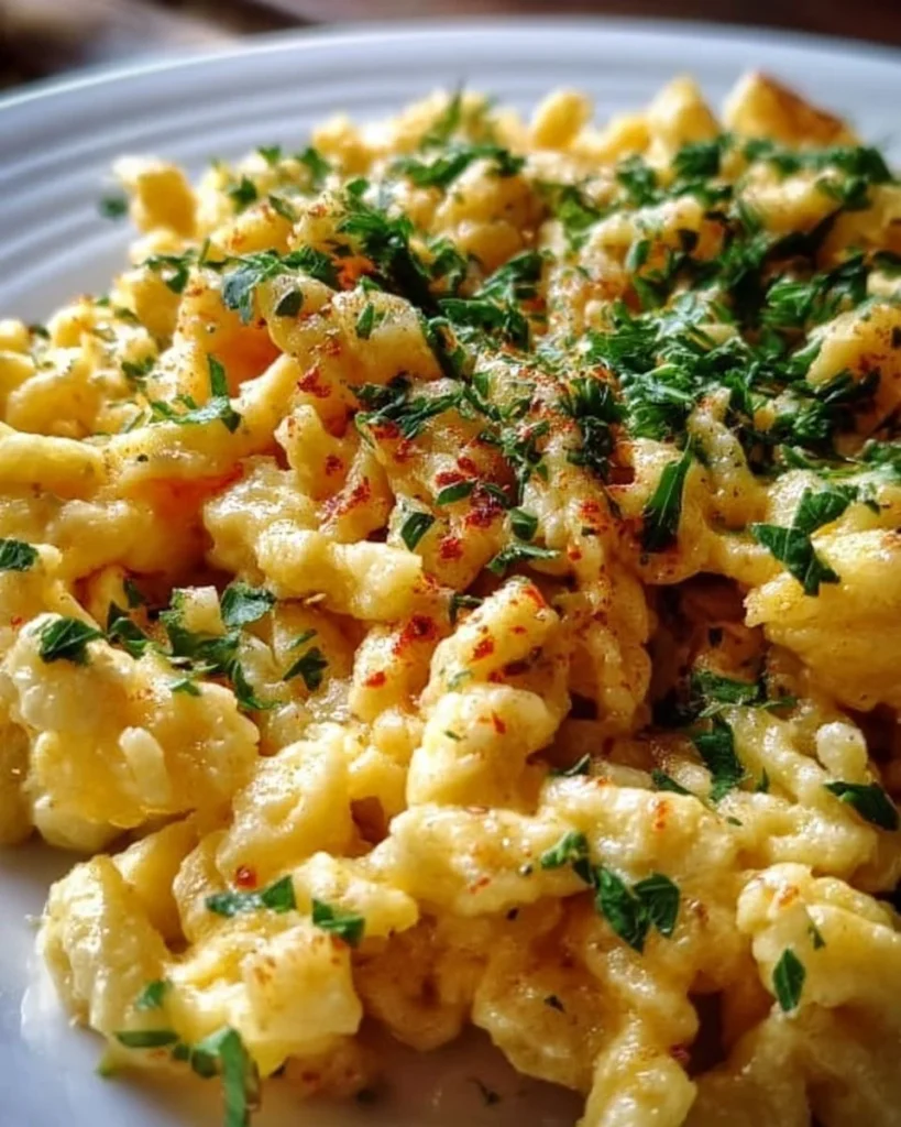 Hausgemachte Spätzle auf einem Teller, serviert mit Soße und Kräutern.