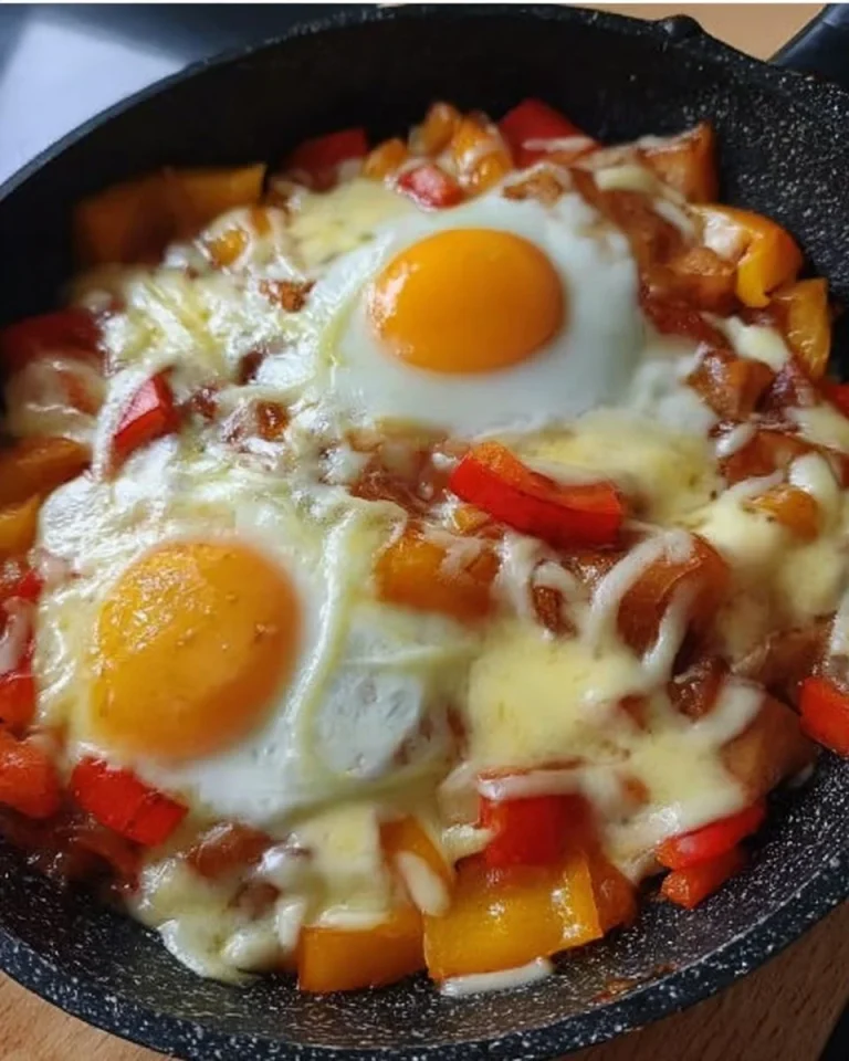 Spiegeleier mit Paprika und Käse auf einem Teller serviert