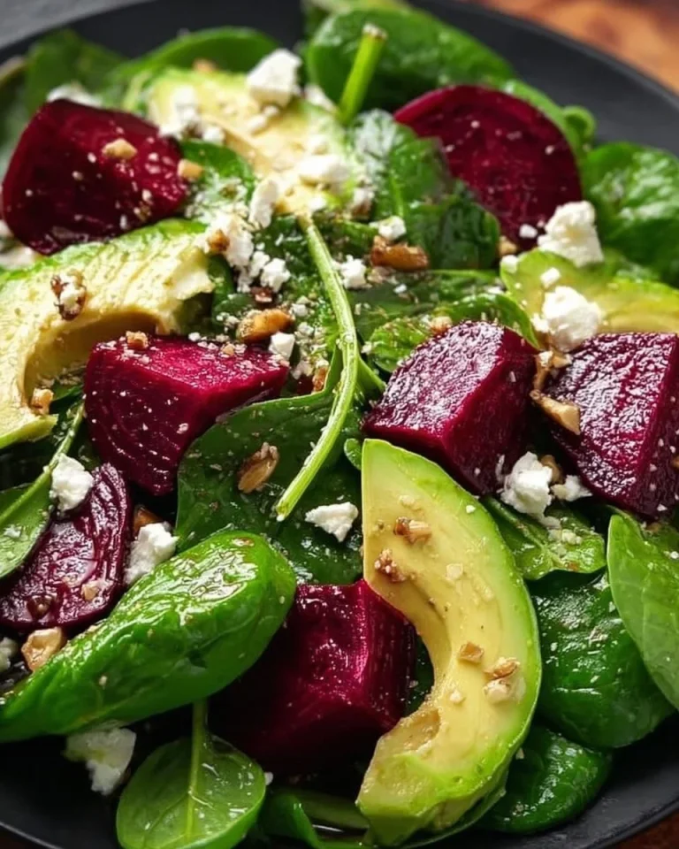 Spinatsalat mit Roter Bete und Avocado auf einem Teller serviert.