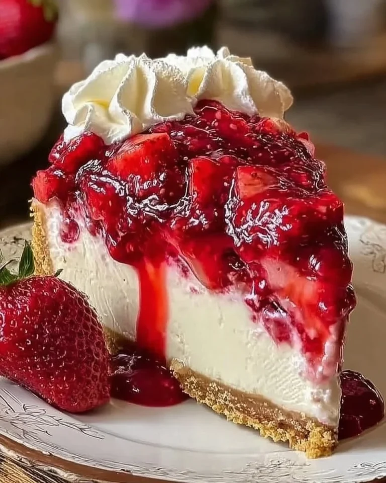 No Bake Erdbeer-Käsekuchen mit frischen Erdbeeren und einer cremigen Füllung.