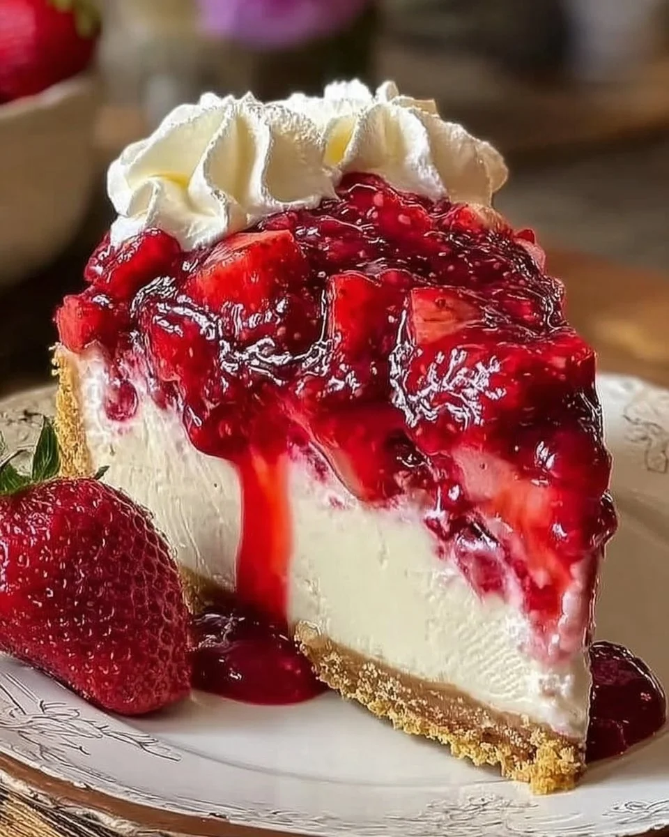 No Bake Erdbeer-Käsekuchen mit frischen Erdbeeren und einer cremigen Füllung.