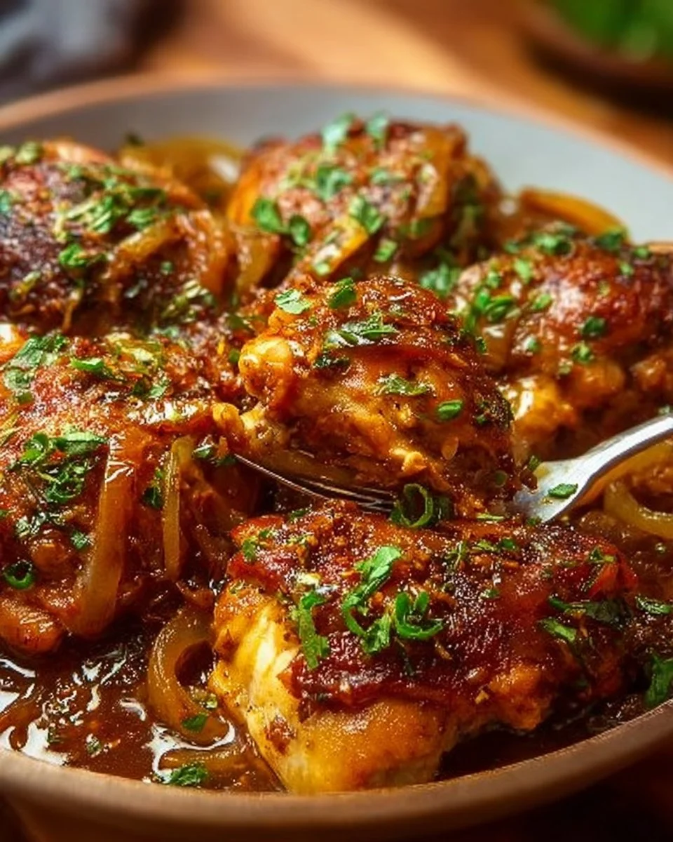 Südliche geschmorte Hähnchen auf einem Teller, garniert mit frischen Kräutern.