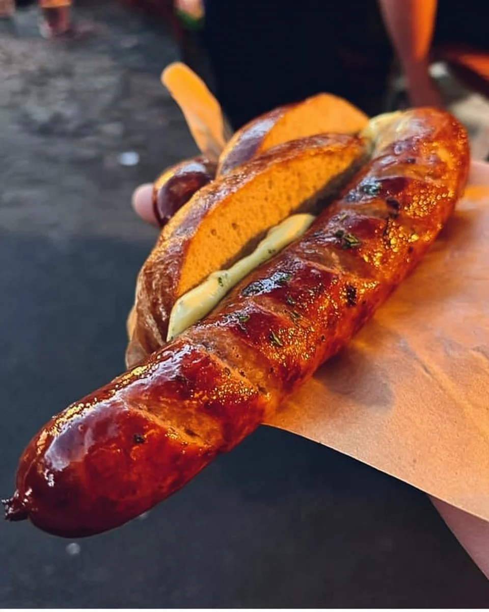 Thüringer Bratwurst auf dem Grill serviert mit frischen Beilagen